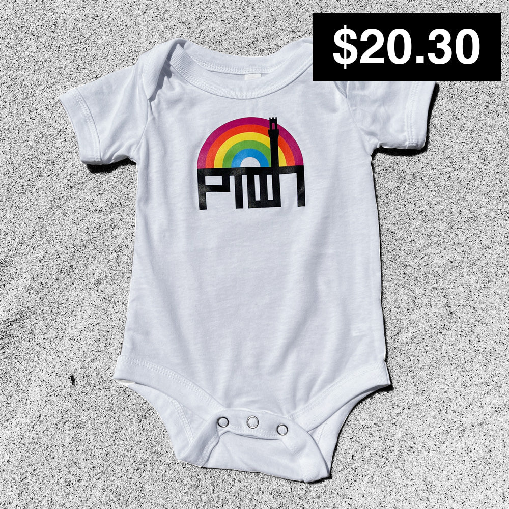 A white baby onesie with a colorful rainbow and 'PTOWN' text printed on the front.
