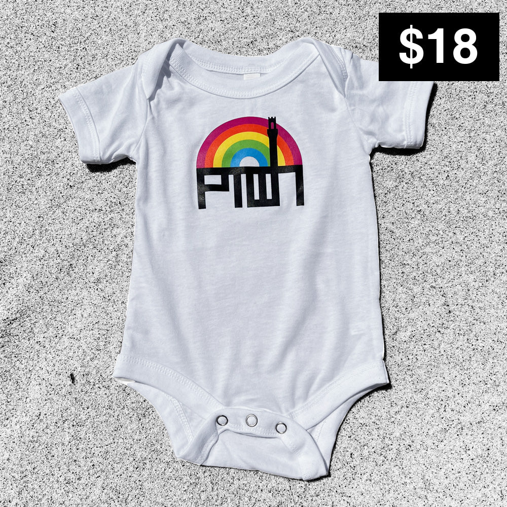 A white baby onesie with a colorful rainbow and 'PTOWN' text printed on the front.