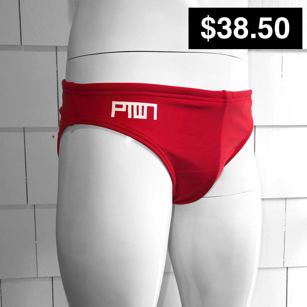 A red Speedo brief on a mannequin, featuring the TIM-SCAPES PTOWN logo and a 1-inch waistband.