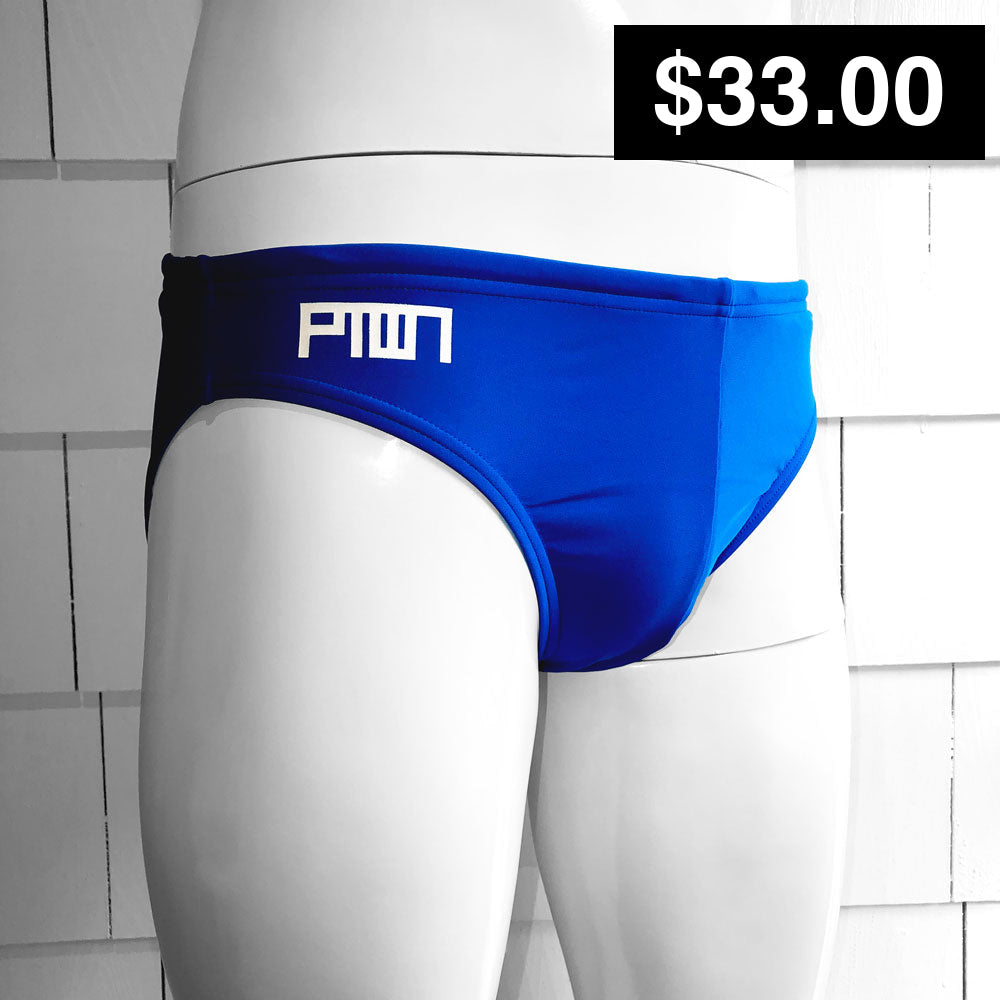 A royal blue Speedo brief featuring the PTOWN brand logo on the waistband.